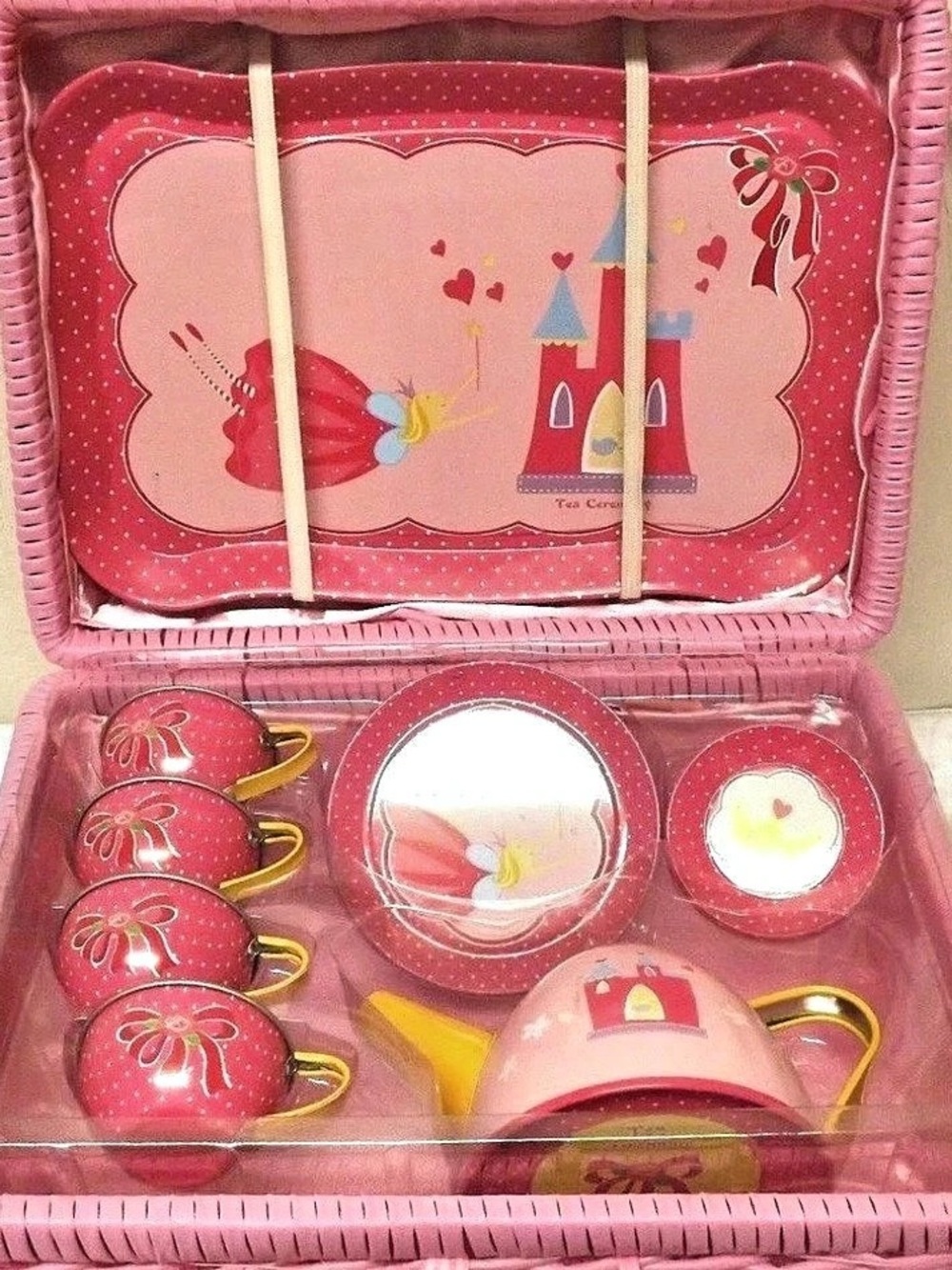 NWT Rosalina Pink Princess Tin Tea Party Set With Basket Case 15 PC AGES 3+